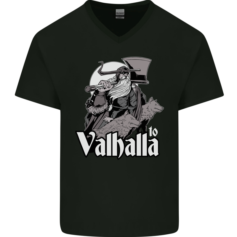 To Valhalla Viking Warrior Odin Mens V-Neck Cotton T-Shirt Black