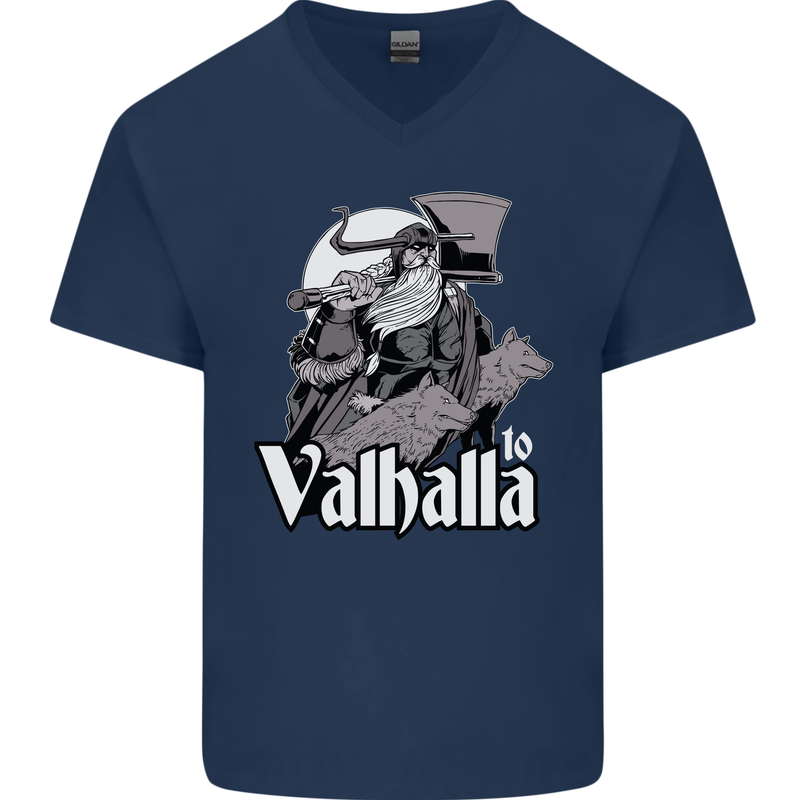 To Valhalla Viking Warrior Odin Mens V-Neck Cotton T-Shirt Navy Blue