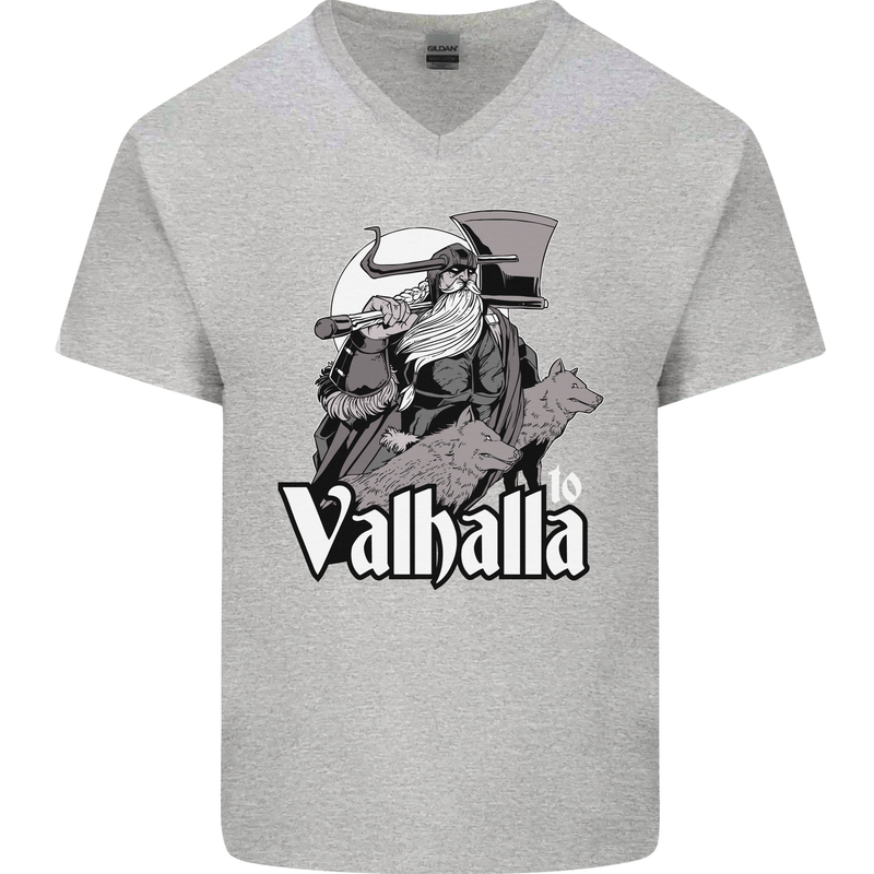 To Valhalla Viking Warrior Odin Mens V-Neck Cotton T-Shirt Sports Grey