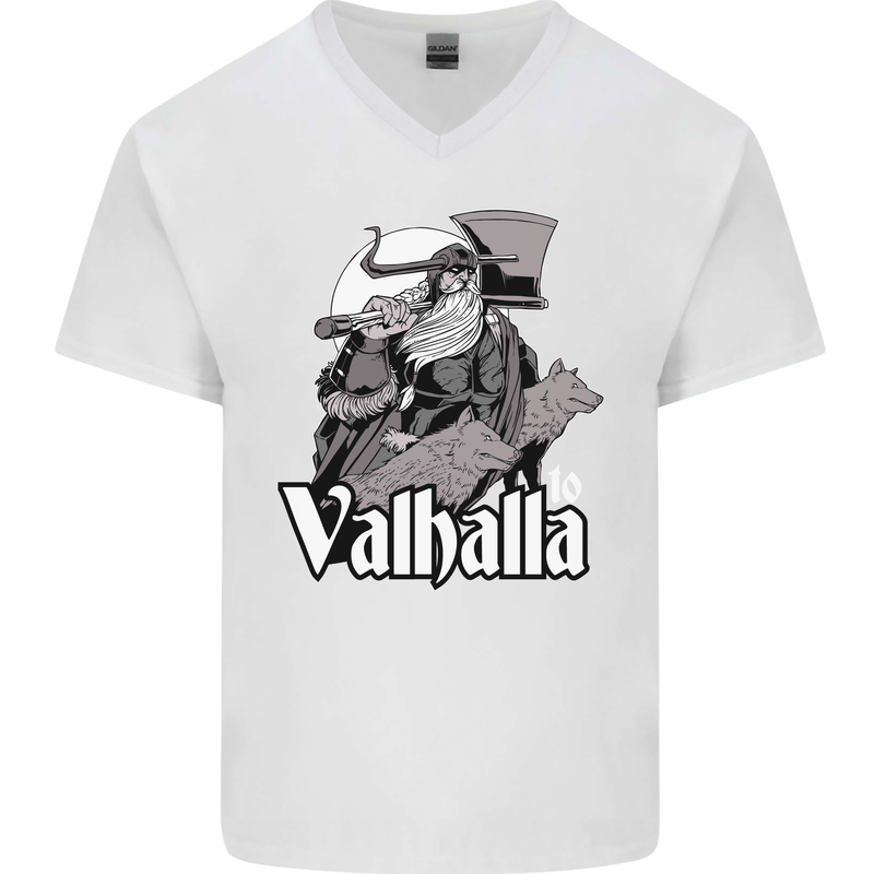 To Valhalla Viking Warrior Odin Mens V-Neck Cotton T-Shirt White