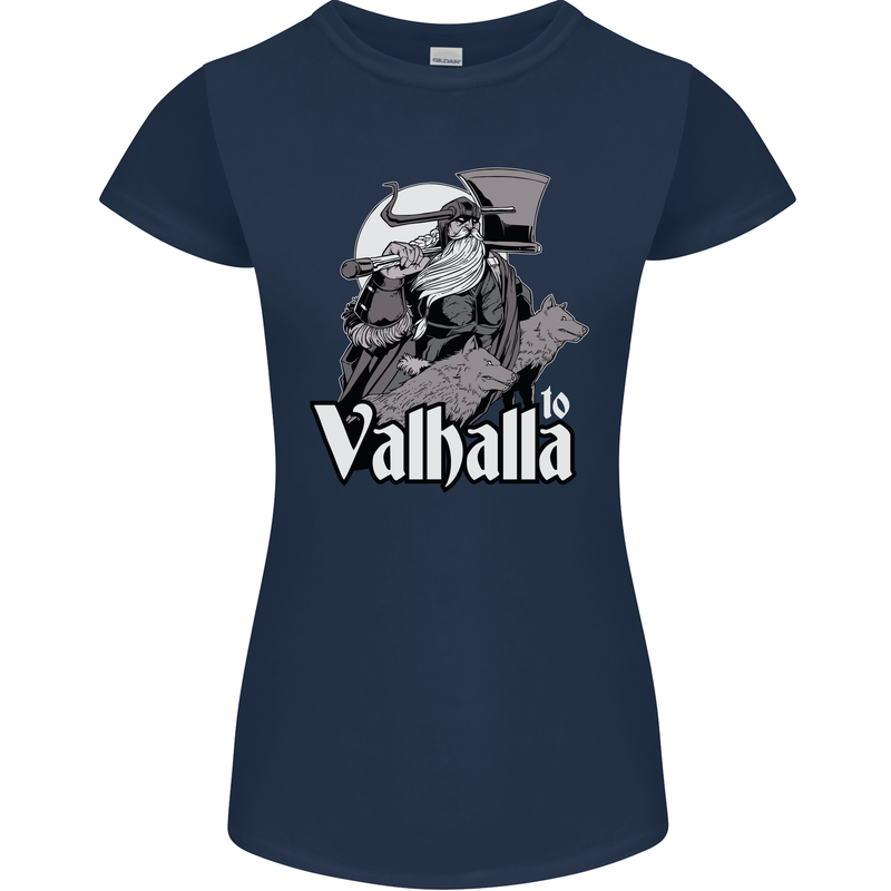 To Valhalla Viking Warrior Odin Womens Petite Cut T-Shirt Navy Blue