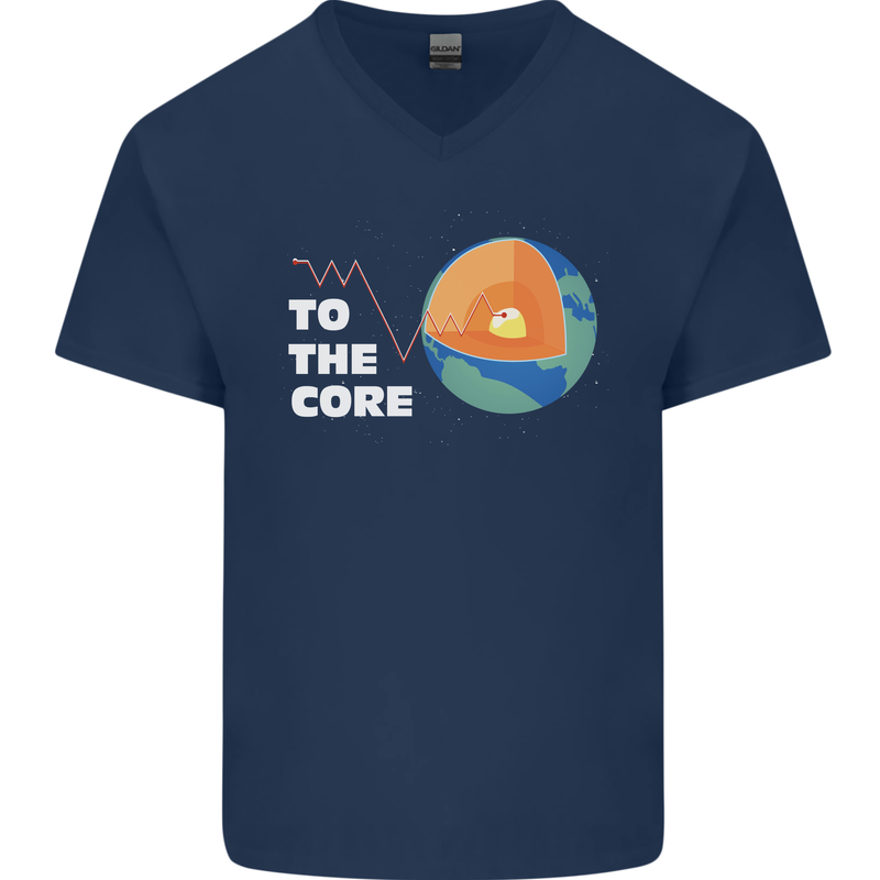 To the Core Climate Change ECG Heart Pulse Mens V-Neck Cotton T-Shirt Navy Blue