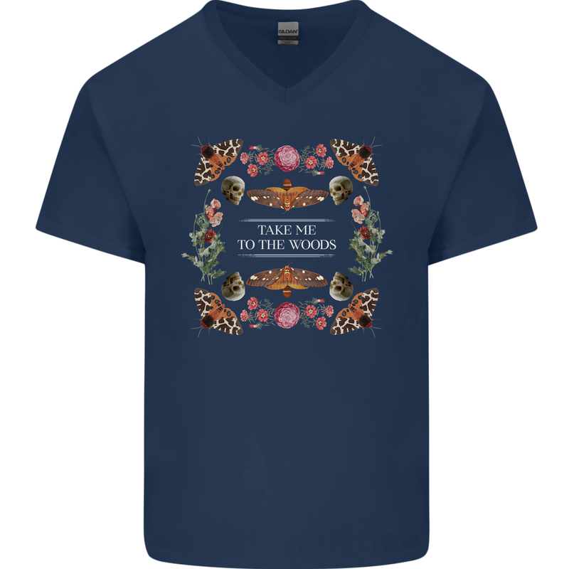 To the Woods Nature Outdoors Mens V-Neck Cotton T-Shirt Navy Blue