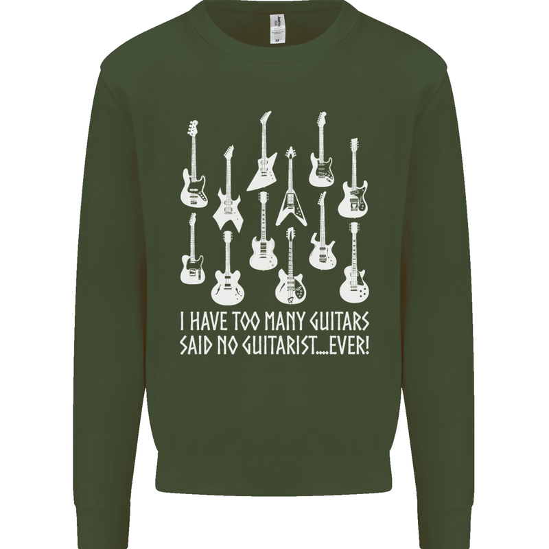 Too Many Guitars Said No Guitarist Kids Sweatshirt Jumper Forest Green