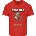 Too Old for This Shit Funny Music DJ Vinyl Mens V-Neck Cotton T-Shirt Red