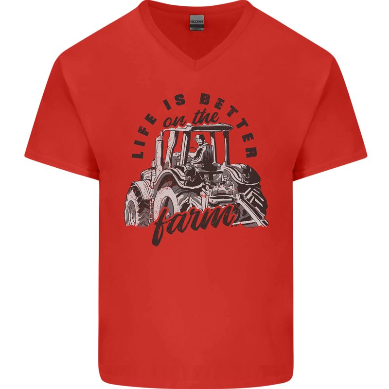 Tractor Life Is Better Farm Funny Farming Mens V-Neck Cotton T-Shirt Red
