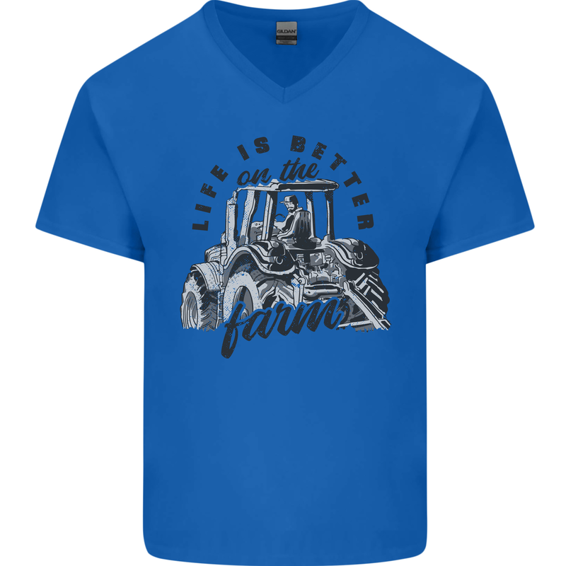 Tractor Life Is Better Farm Funny Farming Mens V-Neck Cotton T-Shirt Royal Blue