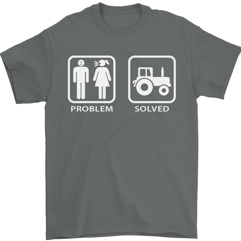 Tractor Problem Solved Driver Farmer Funny Mens T-Shirt Cotton Gildan Charcoal
