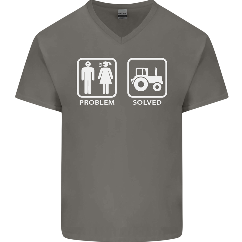 Tractor Problem Solved Driver Farmer Funny Mens V-Neck Cotton T-Shirt Charcoal