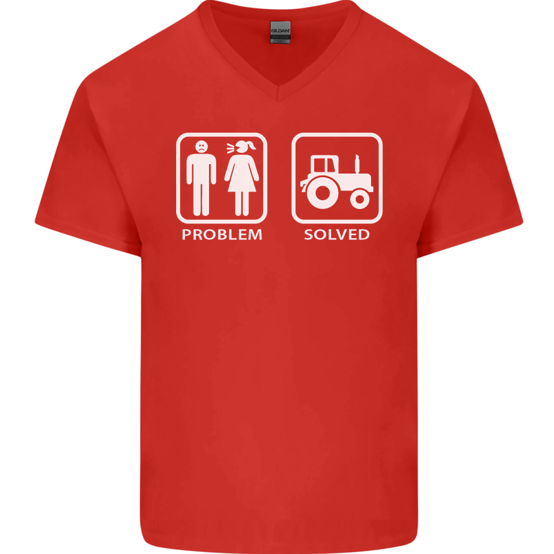 Tractor Problem Solved Driver Farmer Funny Mens V-Neck Cotton T-Shirt Red