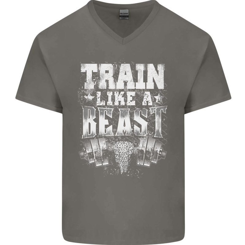 Train Like a Beast Gym Training Top Mens V-Neck Cotton T-Shirt Charcoal
