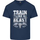 Train Like a Beast Gym Training Top Mens V-Neck Cotton T-Shirt Navy Blue