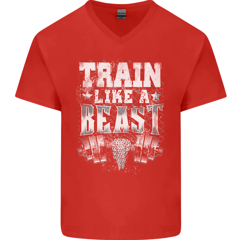 Train Like a Beast Gym Training Top Mens V-Neck Cotton T-Shirt Red