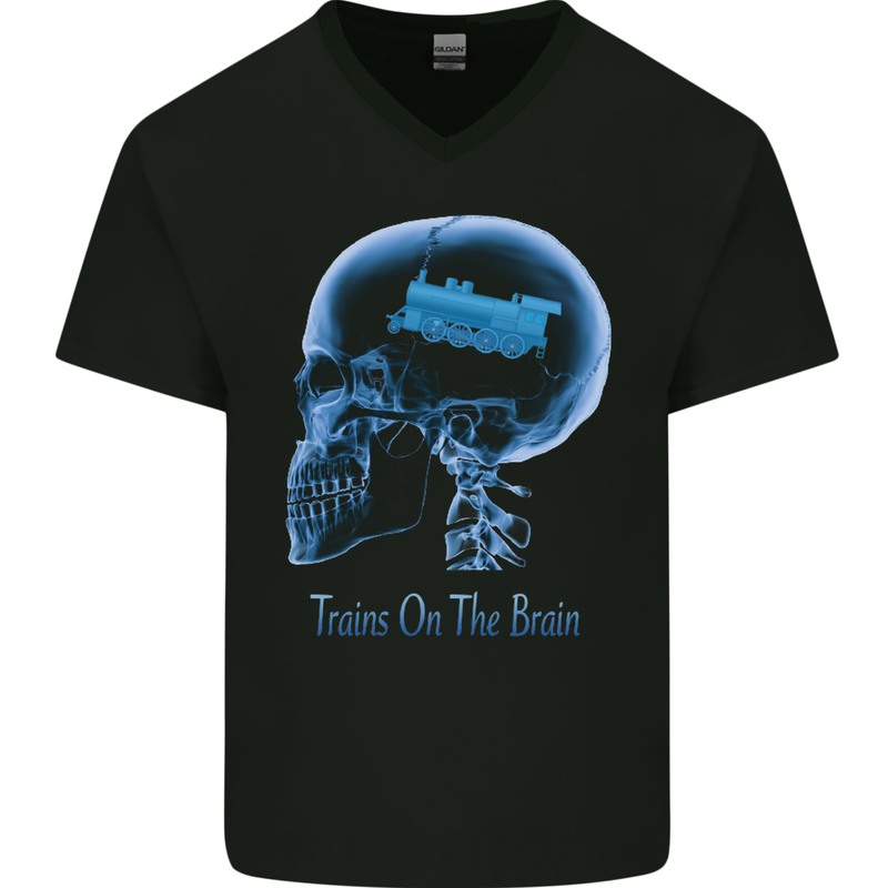 Trains on the Brain Trainspotting Funny Mens V-Neck Cotton T-Shirt Black