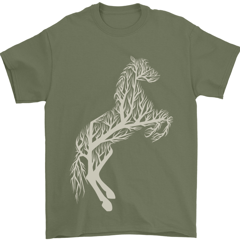 Tree Horse Ecology Equestrian Mens T-Shirt Cotton Gildan Military Green