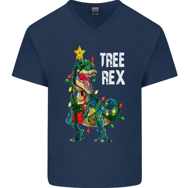 Tree Rex T-Rex Funny Christmas Dinosaur Mens V-Neck Cotton T-Shirt Navy Blue
