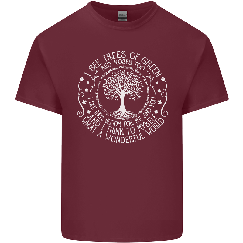 Trees What a Wonderful World Environment Mens Cotton T-Shirt Tee Top Maroon