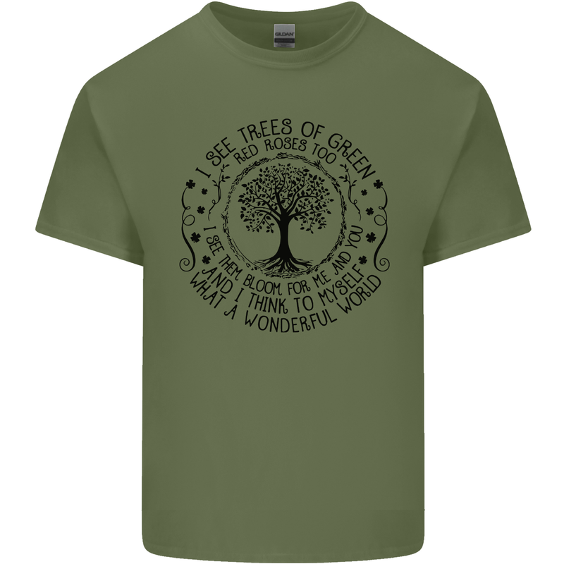 Trees What a Wonderful World Environment Mens Cotton T-Shirt Tee Top Military Green