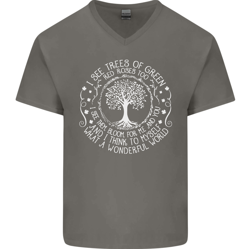 Trees What a Wonderful World Environment Mens V-Neck Cotton T-Shirt Charcoal