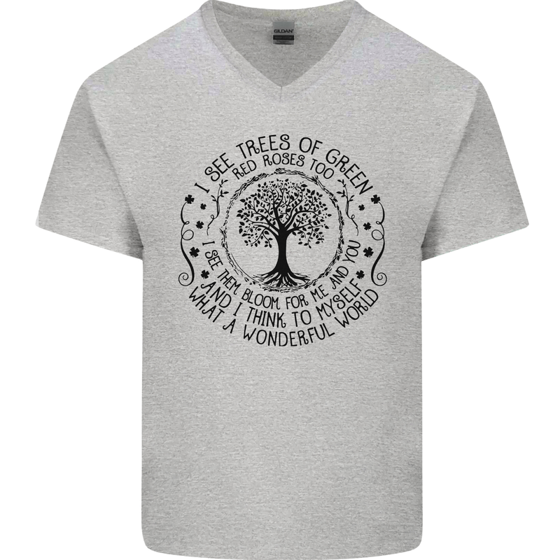 Trees What a Wonderful World Environment Mens V-Neck Cotton T-Shirt Sports Grey