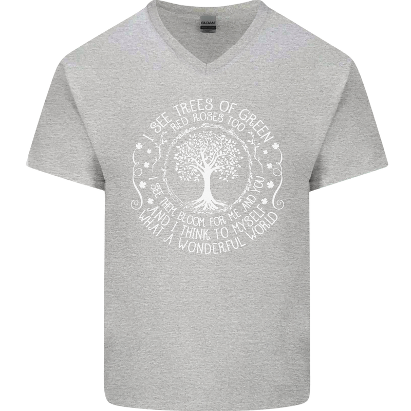 Trees What a Wonderful World Environment Mens V-Neck Cotton T-Shirt Sports Grey