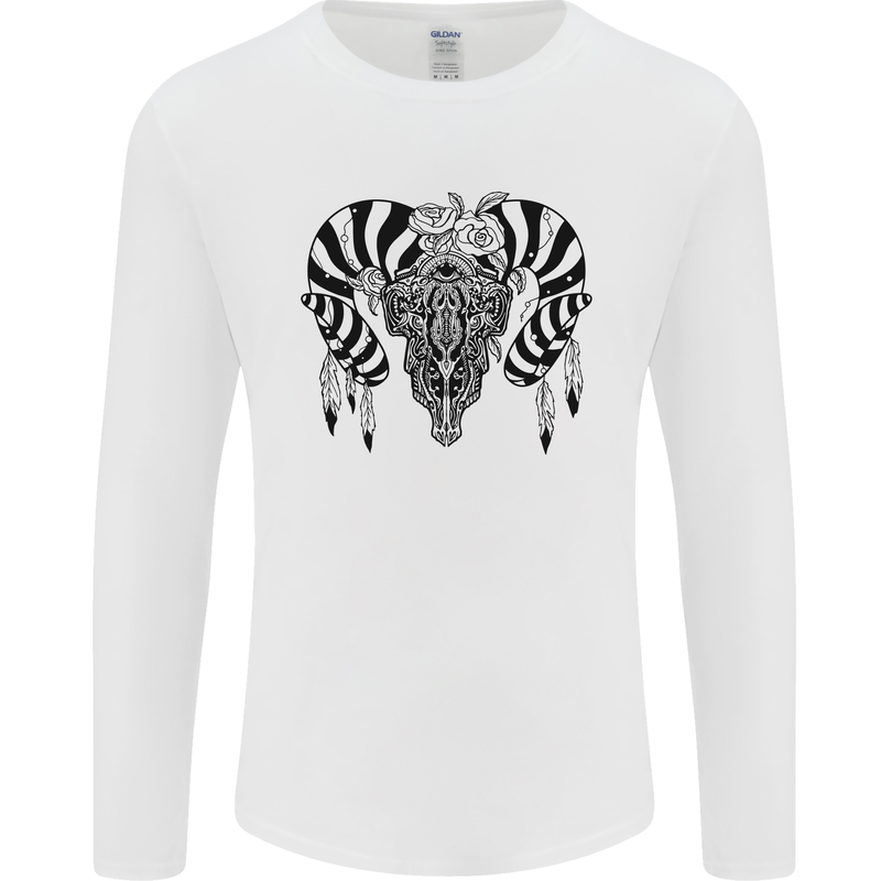 Tribal Bull Skull Buffalo Mens Long Sleeve T-Shirt White