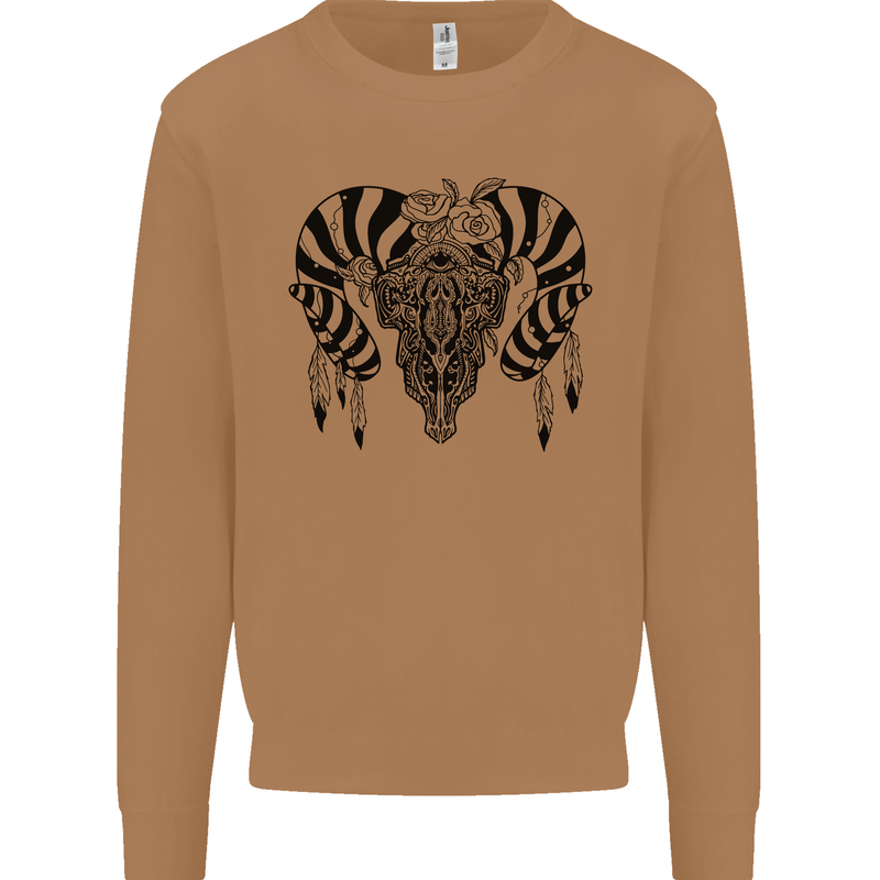 Tribal Bull Skull Buffalo Mens Sweatshirt Jumper Caramel Latte