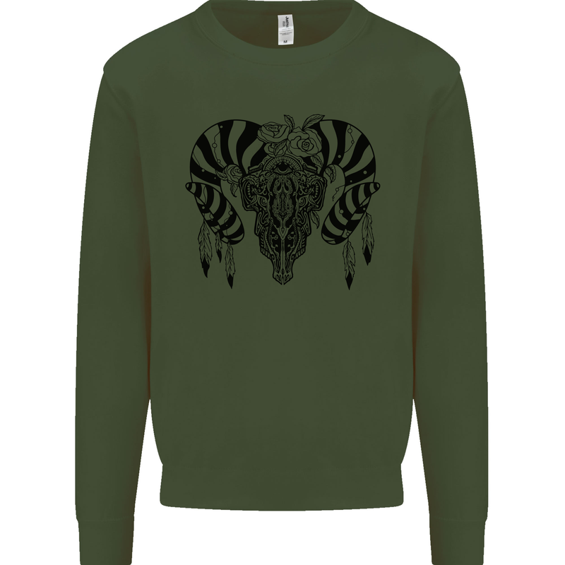 Tribal Bull Skull Buffalo Mens Sweatshirt Jumper Forest Green