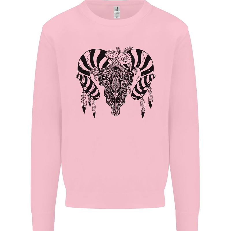 Tribal Bull Skull Buffalo Mens Sweatshirt Jumper Light Pink