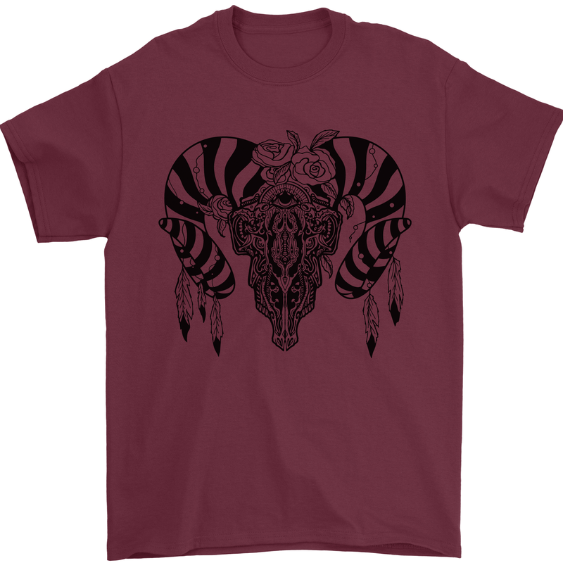 Tribal Bull Skull Buffalo Mens T-Shirt 100% Cotton Maroon