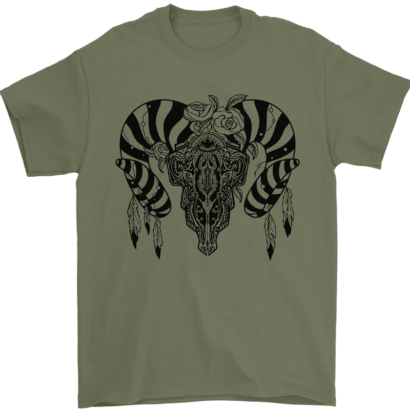 Tribal Bull Skull Buffalo Mens T-Shirt 100% Cotton Military Green