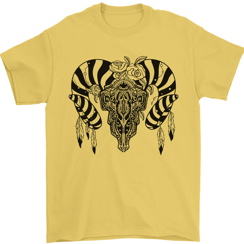 Tribal Bull Skull Buffalo Mens T-Shirt 100% Cotton Yellow