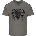 Tribal Bull Skull Buffalo Mens V-Neck Cotton T-Shirt Charcoal