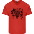 Tribal Bull Skull Buffalo Mens V-Neck Cotton T-Shirt Red