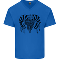 Tribal Bull Skull Buffalo Mens V-Neck Cotton T-Shirt Royal Blue