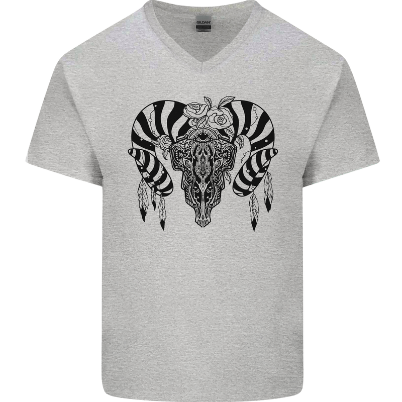 Tribal Bull Skull Buffalo Mens V-Neck Cotton T-Shirt Sports Grey