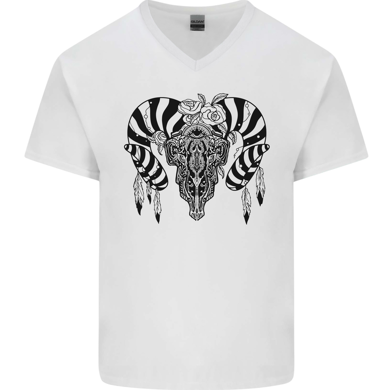 Tribal Bull Skull Buffalo Mens V-Neck Cotton T-Shirt White