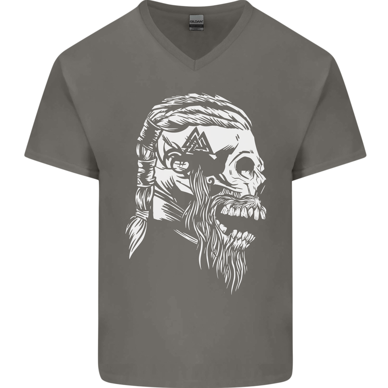 Tribal Viking Skull Mens V-Neck Cotton T-Shirt Charcoal