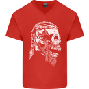 Tribal Viking Skull Mens V-Neck Cotton T-Shirt Red