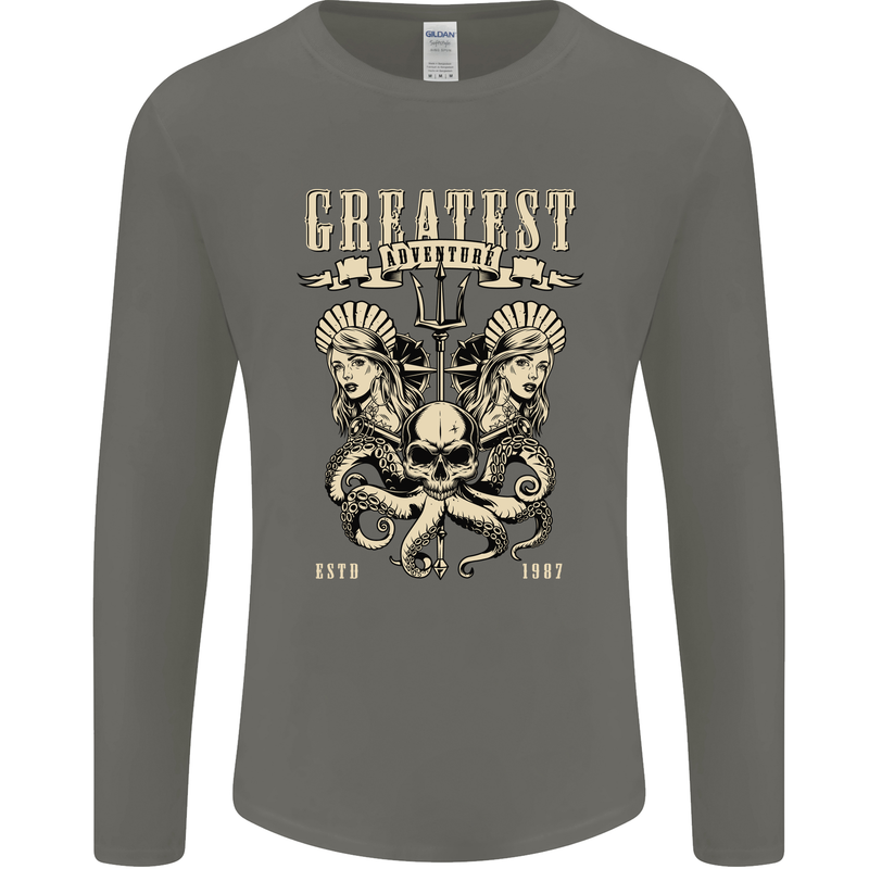 Trident Skull Scuba Diving Octopus Cthulhu Mens Long Sleeve T-Shirt Charcoal