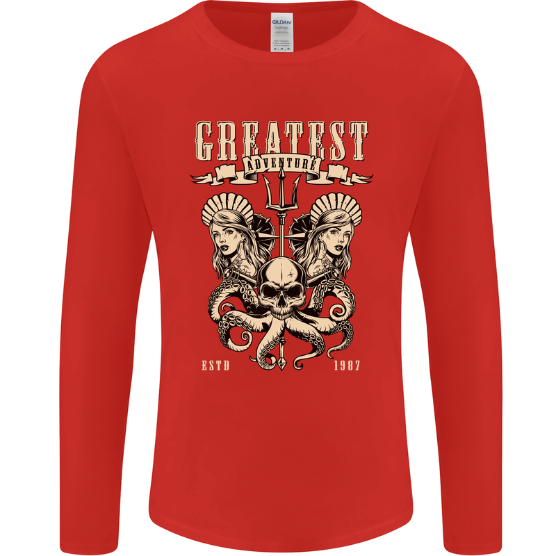 Trident Skull Scuba Diving Octopus Cthulhu Mens Long Sleeve T-Shirt Red
