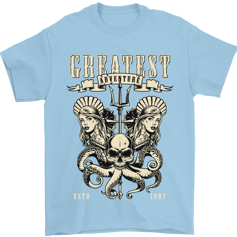 Trident Skull Scuba Diving Octopus Cthulhu Mens T-Shirt Cotton Gildan Light Blue