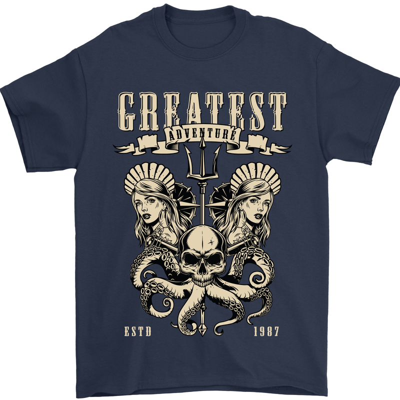 Trident Skull Scuba Diving Octopus Cthulhu Mens T-Shirt Cotton Gildan Navy Blue