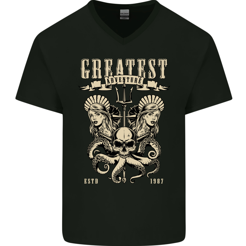 Trident Skull Scuba Diving Octopus Cthulhu Mens V-Neck Cotton T-Shirt Black