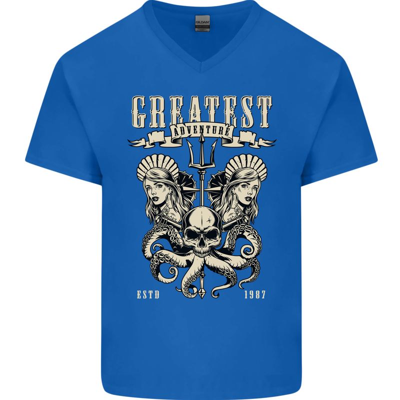 Trident Skull Scuba Diving Octopus Cthulhu Mens V-Neck Cotton T-Shirt Royal Blue