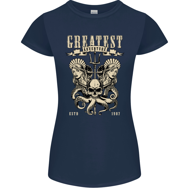 Trident Skull Scuba Diving Octopus Cthulhu Womens Petite Cut T-Shirt Navy Blue