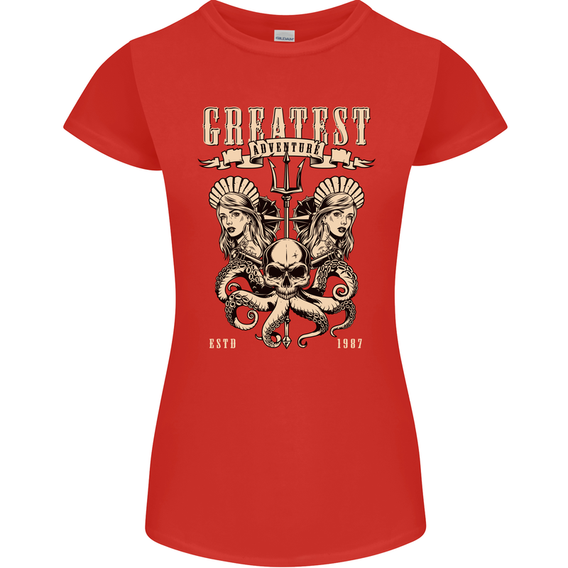 Trident Skull Scuba Diving Octopus Cthulhu Womens Petite Cut T-Shirt Red
