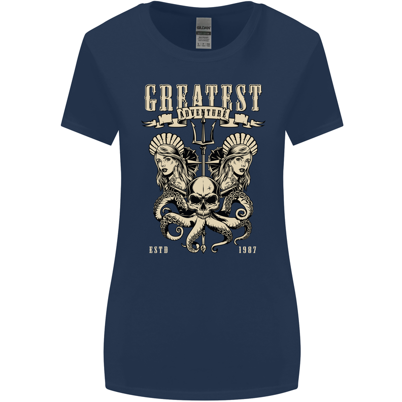 Trident Skull Scuba Diving Octopus Cthulhu Womens Wider Cut T-Shirt Navy Blue