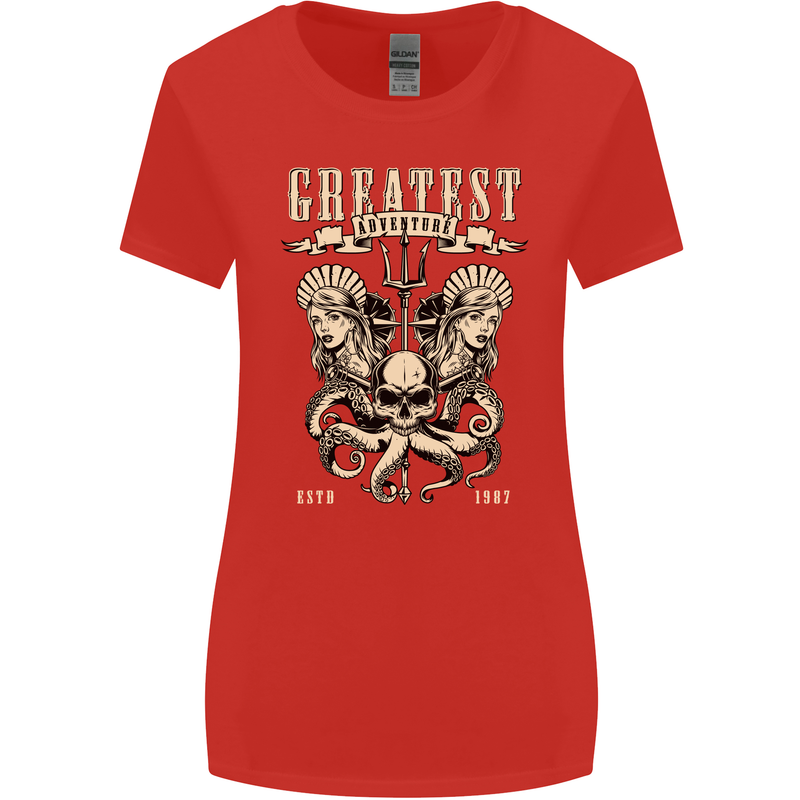 Trident Skull Scuba Diving Octopus Cthulhu Womens Wider Cut T-Shirt Red