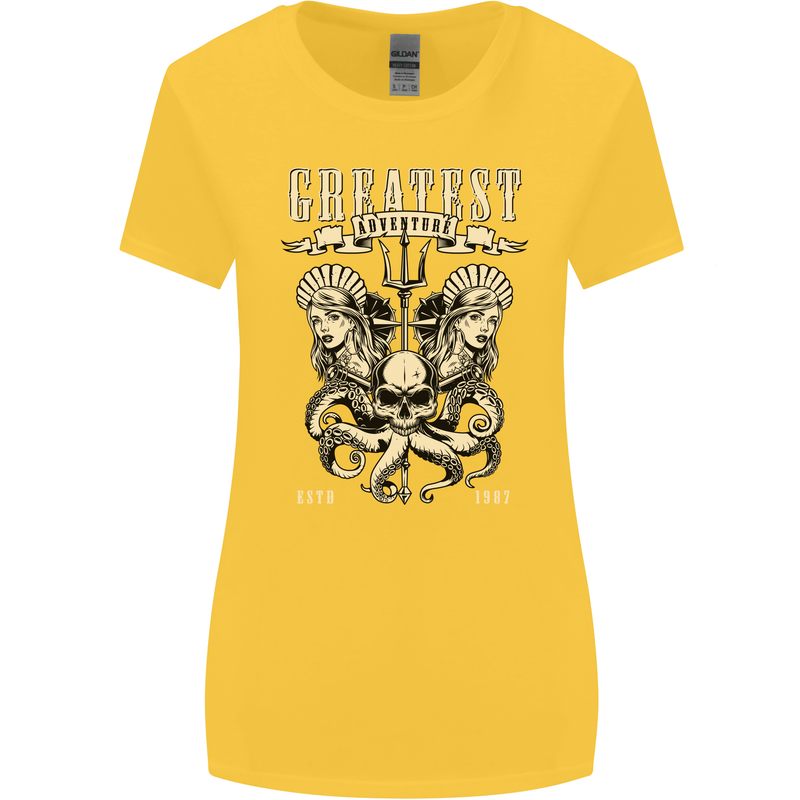 Trident Skull Scuba Diving Octopus Cthulhu Womens Wider Cut T-Shirt Yellow